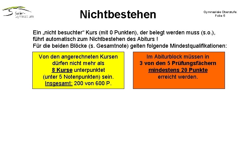 Nichtbestehen Gymnasiale Oberstufe Folie 5 Ein „nicht besuchter“ Kurs (mit 0 Punkten), der belegt Nichtbestehen Gymnasiale Oberstufe Folie 5 Ein „nicht besuchter“ Kurs (mit 0 Punkten), der belegt