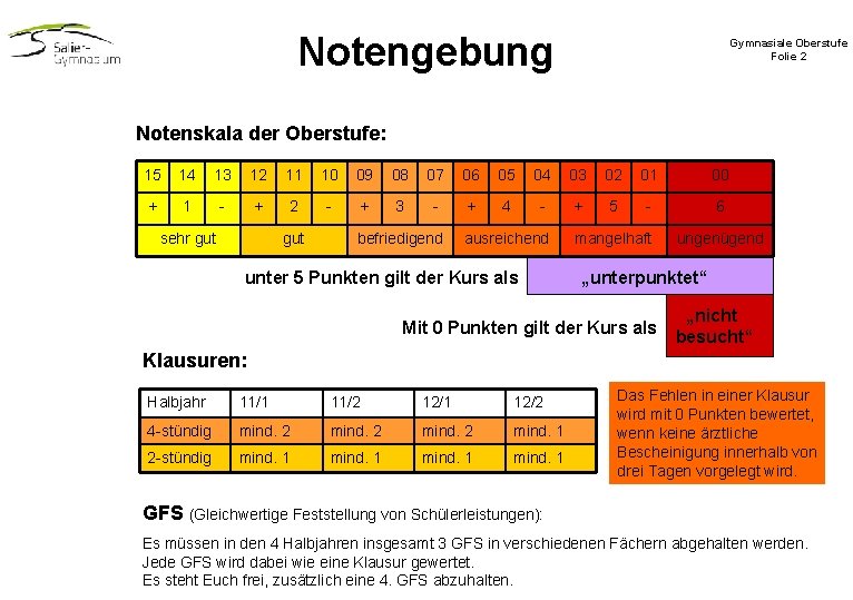 Notengebung Gymnasiale Oberstufe Folie 2 Notenskala der Oberstufe: 15 14 13 12 11 10