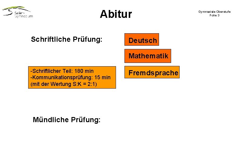 Abitur Schriftliche Prüfung: Deutsch Mathematik -Schriftlicher Teil: 180 min -Kommunikationsprüfung: 15 min (mit der