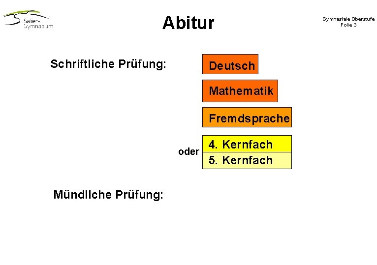 Abitur Schriftliche Prüfung: Deutsch Mathematik Fremdsprache oder Mündliche Prüfung: 4. Kernfach 5. Kernfach Gymnasiale