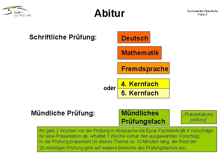 Abitur Schriftliche Prüfung: Gymnasiale Oberstufe Folie 3 Deutsch Mathematik Fremdsprache oder Mündliche Prüfung: 4. Abitur Schriftliche Prüfung: Gymnasiale Oberstufe Folie 3 Deutsch Mathematik Fremdsprache oder Mündliche Prüfung: 4.