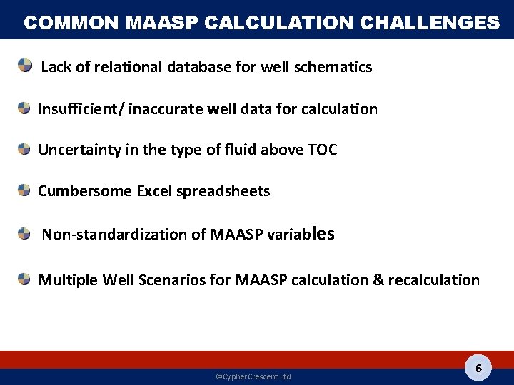 COMMON MAASP CALCULATION CHALLENGES Lack of relational database for well schematics Insufficient/ inaccurate well