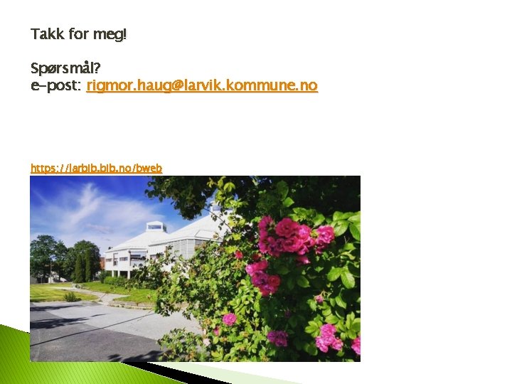 Takk for meg! Spørsmål? e-post: rigmor. haug@larvik. kommune. no https: //larbib. no/bweb 