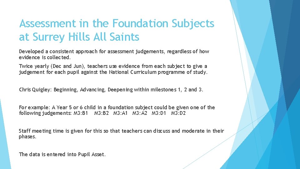 Assessment in the Foundation Subjects at Surrey Hills All Saints Developed a consistent approach