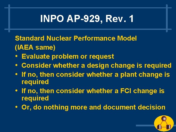 INPO AP-929, Rev. 1 Standard Nuclear Performance Model (IAEA same) • Evaluate problem or
