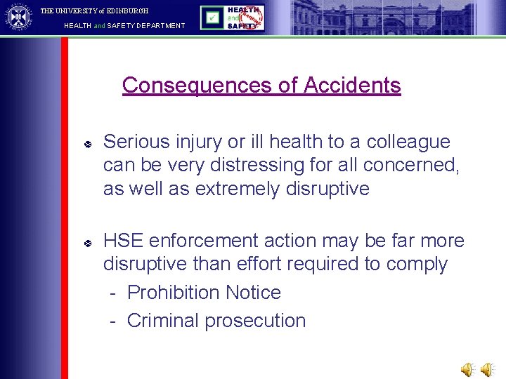 THE UNIVERSITY of EDINBURGH HEALTH and SAFETY DEPARTMENT Consequences of Accidents Serious injury or