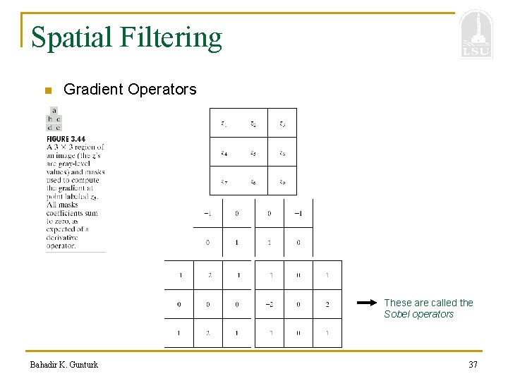 Spatial Filtering n Gradient Operators These are called the Sobel operators Bahadir K. Gunturk