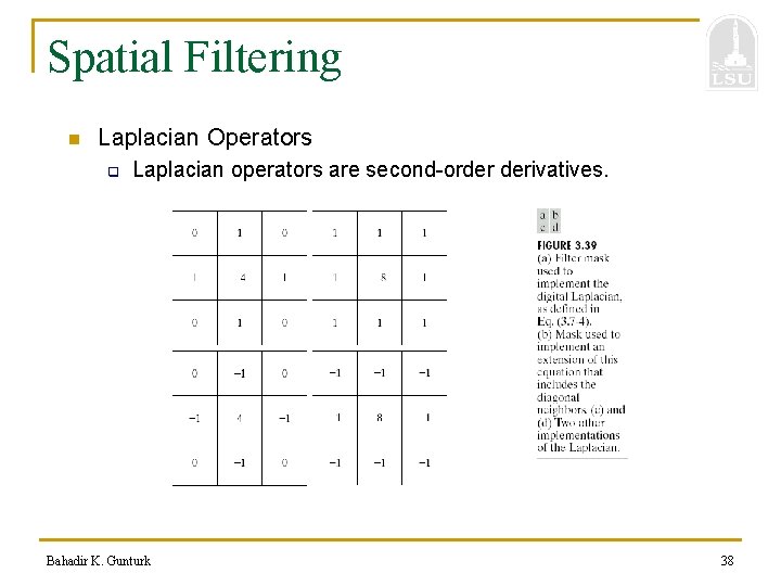 Spatial Filtering n Laplacian Operators q Laplacian operators are second-order derivatives. Bahadir K. Gunturk
