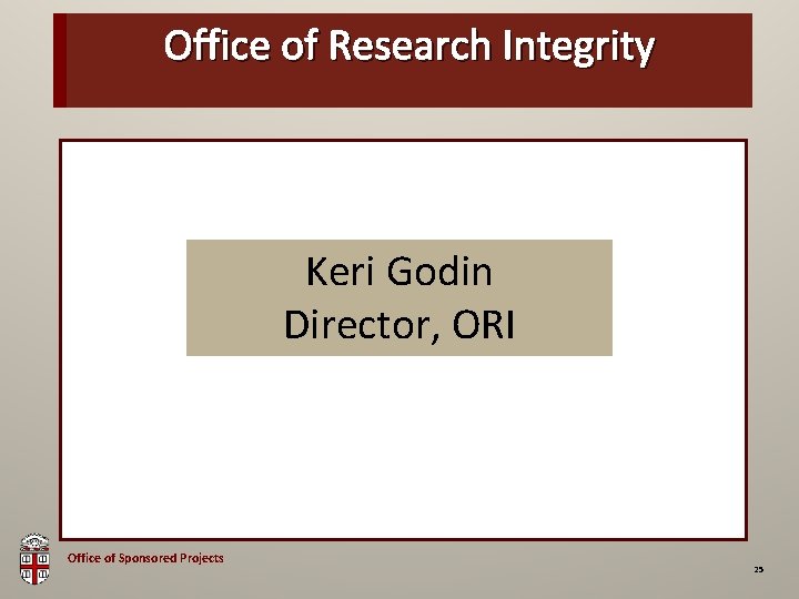 Office of Research Integrity OSP Brown Bag Keri Godin Director, ORI Office of Sponsored