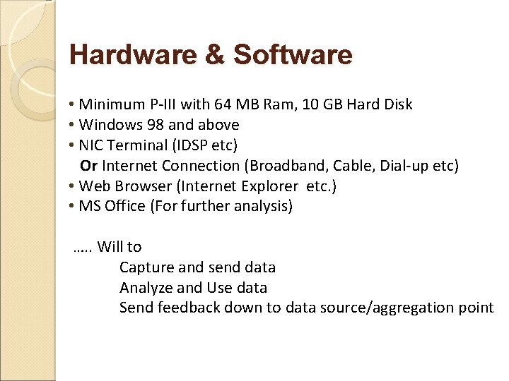 Hardware & Software • Minimum P-III with 64 MB Ram, 10 GB Hard Disk