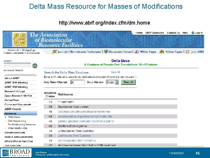 Delta Mass Resource for Masses of Modifications http: //www. abrf. org/index. cfm/dm. home Karl