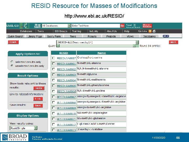 RESID Resource for Masses of Modifications http: //www. ebi. ac. uk/RESID/ Karl Clauser Proteomics