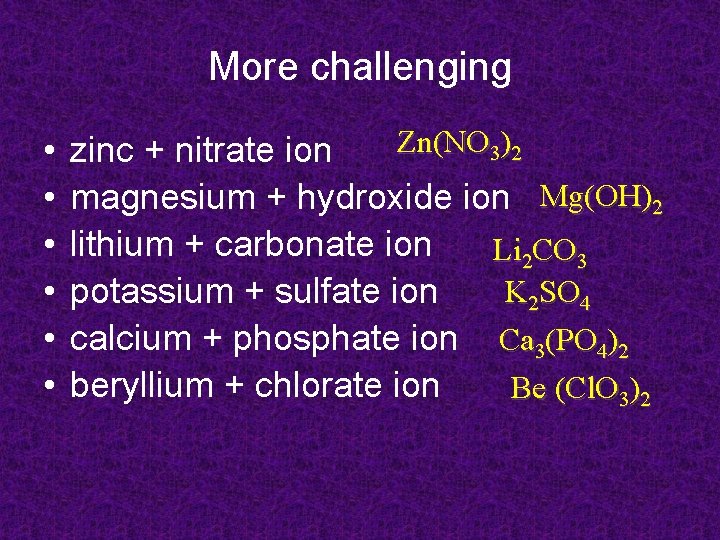 More challenging • • • Zn(NO 3)2 zinc + nitrate ion magnesium + hydroxide More challenging • • • Zn(NO 3)2 zinc + nitrate ion magnesium + hydroxide