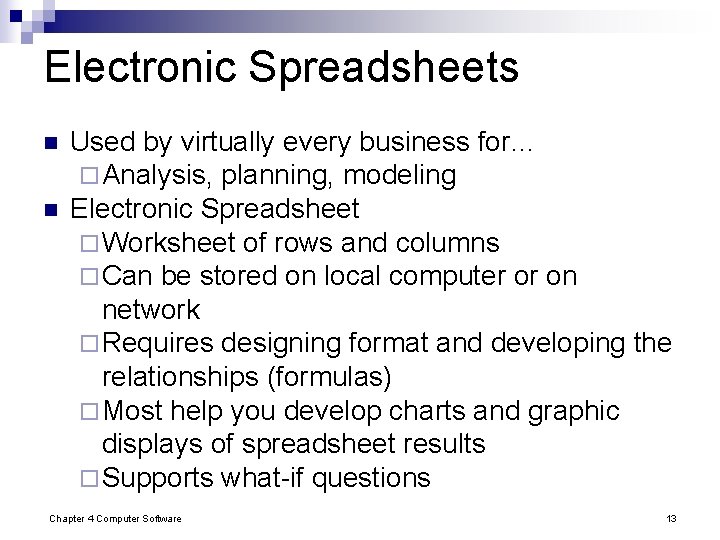 Electronic Spreadsheets n n Used by virtually every business for… ¨ Analysis, planning, modeling Electronic Spreadsheets n n Used by virtually every business for… ¨ Analysis, planning, modeling