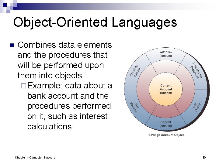 Object-Oriented Languages n Combines data elements and the procedures that will be performed upon Object-Oriented Languages n Combines data elements and the procedures that will be performed upon