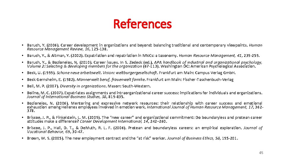 References • Baruch, Y. (2006). Career development in organizations and beyond: balancing traditional and