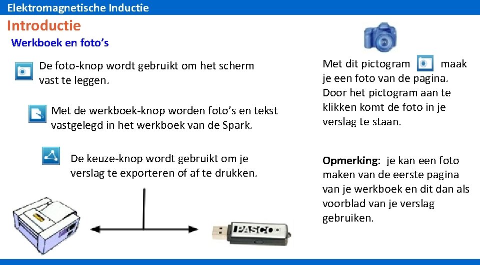 Elektromagnetische Inductie Introductie Werkboek en foto’s De foto-knop wordt gebruikt om het scherm vast