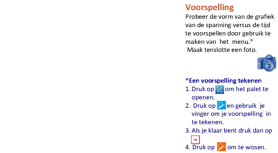 Voorspelling Probeer de vorm van de grafiek van de spanning versus de tijd te