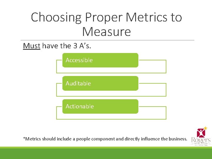 Choosing Proper Metrics to Measure Must have the 3 A’s. Accessible Auditable Actionable *Metrics