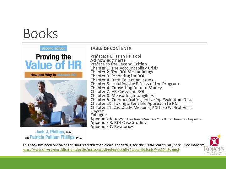Books TABLE OF CONTENTS Preface: ROI as an HR Tool Acknowledgments Preface to the