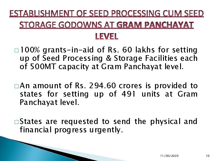 � 100% grants-in-aid of Rs. 60 lakhs for setting up of Seed Processing &