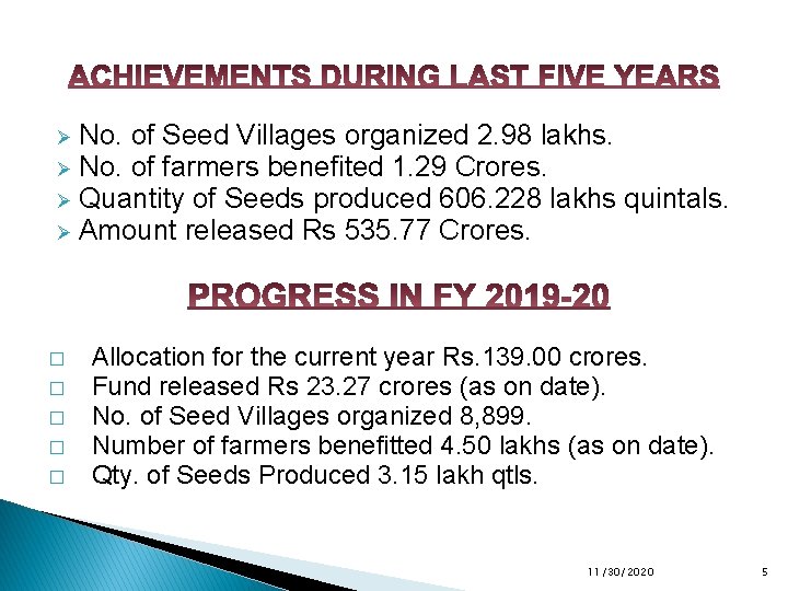 No. of Seed Villages organized 2. 98 lakhs. Ø No. of farmers benefited 1.