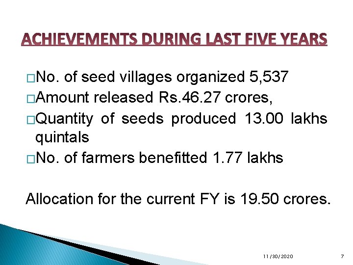 �No. of seed villages organized 5, 537 �Amount released Rs. 46. 27 crores, �Quantity