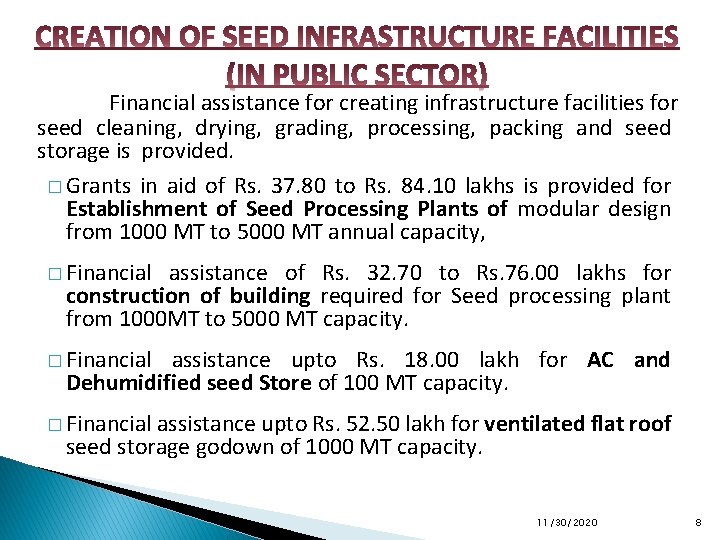 Financial assistance for creating infrastructure facilities for seed cleaning, drying, grading, processing, packing and