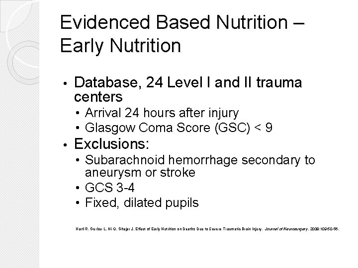 Evidenced Based Nutrition – Early Nutrition • Database, 24 Level I and II trauma