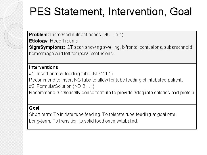 PES Statement, Intervention, Goal Problem: Increased nutrient needs (NC – 5. 1) Etiology: Head