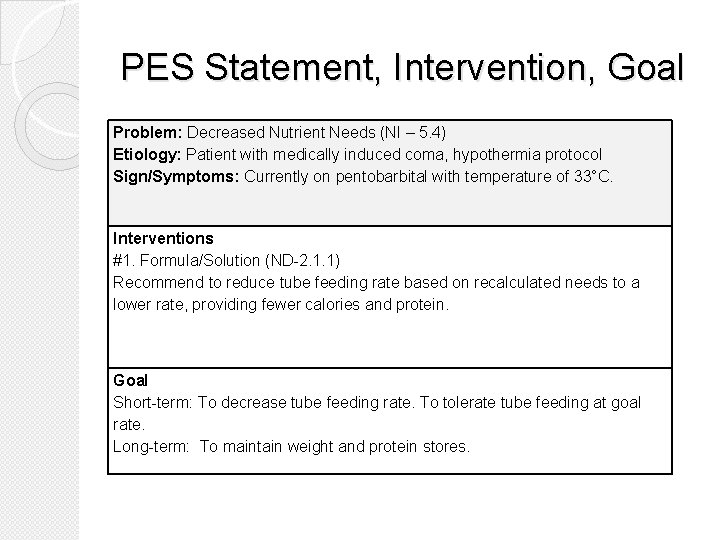 PES Statement, Intervention, Goal Problem: Decreased Nutrient Needs (NI – 5. 4) Etiology: Patient