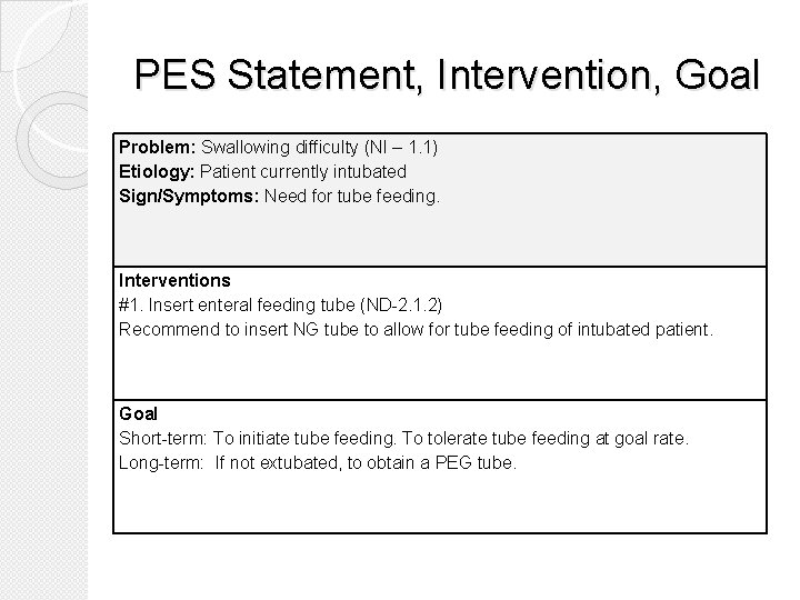 PES Statement, Intervention, Goal Problem: Swallowing difficulty (NI – 1. 1) Etiology: Patient currently