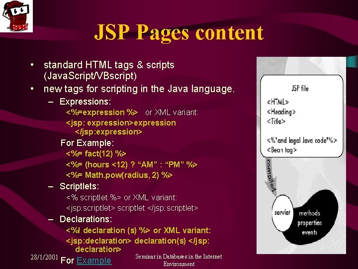 JSP Pages content • standard HTML tags & scripts (Java. Script/VBscript) • new tags