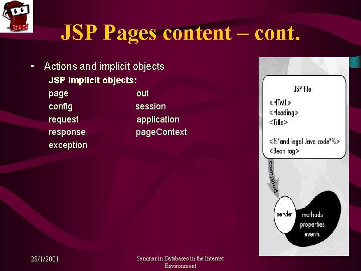 JSP Pages content – cont. • Actions and implicit objects JSP implicit objects: page