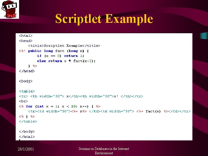 Scriptlet Example 28/1/2001 Seminar in Databases in the Internet Environment 