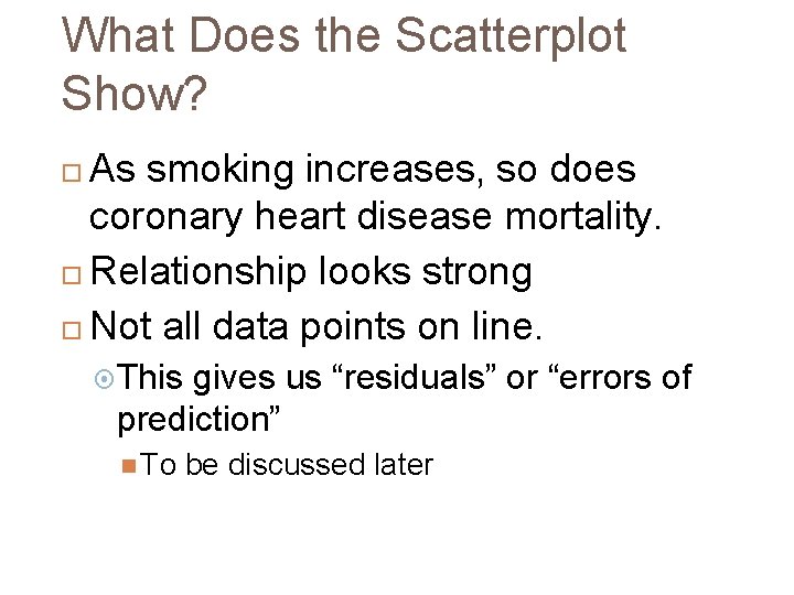 What Does the Scatterplot Show? As smoking increases, so does coronary heart disease mortality.