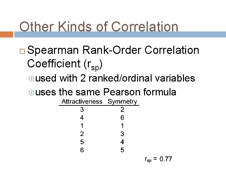 Other Kinds of Correlation Spearman Rank-Order Correlation Coefficient (rsp) used with 2 ranked/ordinal variables