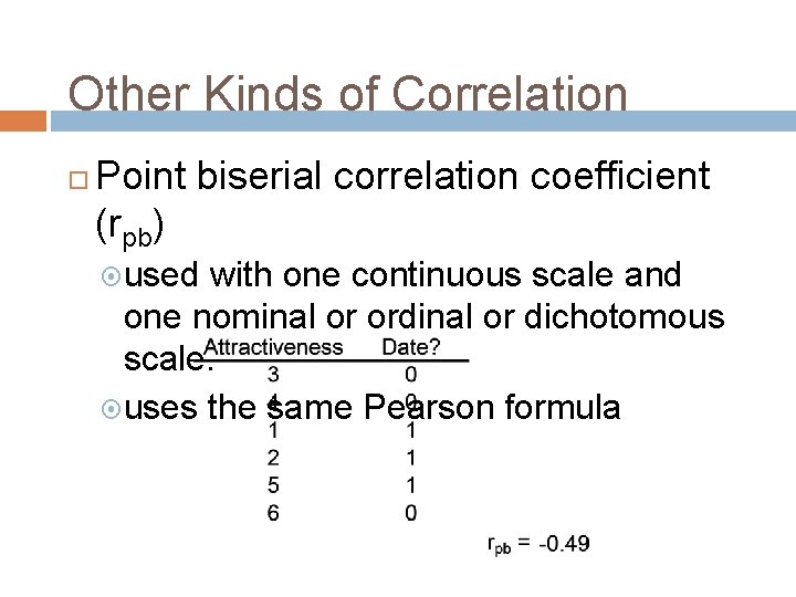 Other Kinds of Correlation Point biserial correlation coefficient (rpb) used with one continuous scale