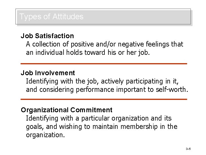 Types of Attitudes Job Satisfaction A collection of positive and/or negative feelings that an