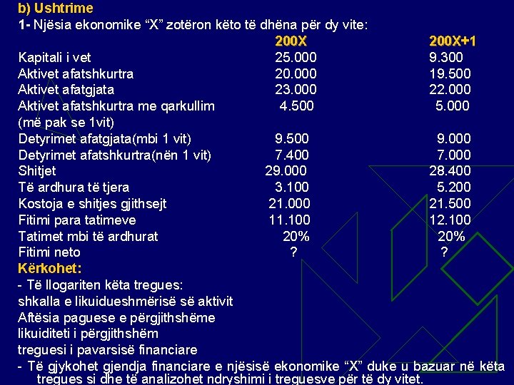 b) Ushtrime 1 - Njësia ekonomike “X” zotëron këto të dhëna për dy vite: