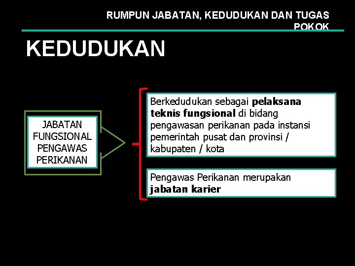 RUMPUN JABATAN, KEDUDUKAN DAN TUGAS POKOK KEDUDUKAN JABATAN FUNGSIONAL PENGAWAS PERIKANAN Berkedudukan sebagai pelaksana