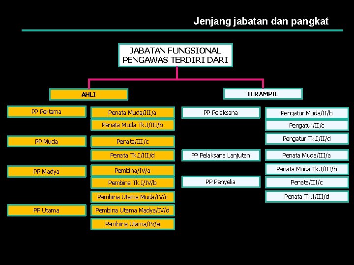 Jenjang jabatan dan pangkat JABATAN FUNGSIONAL PENGAWAS TERDIRI DARI TERAMPIL AHLI PP Pertama Penata