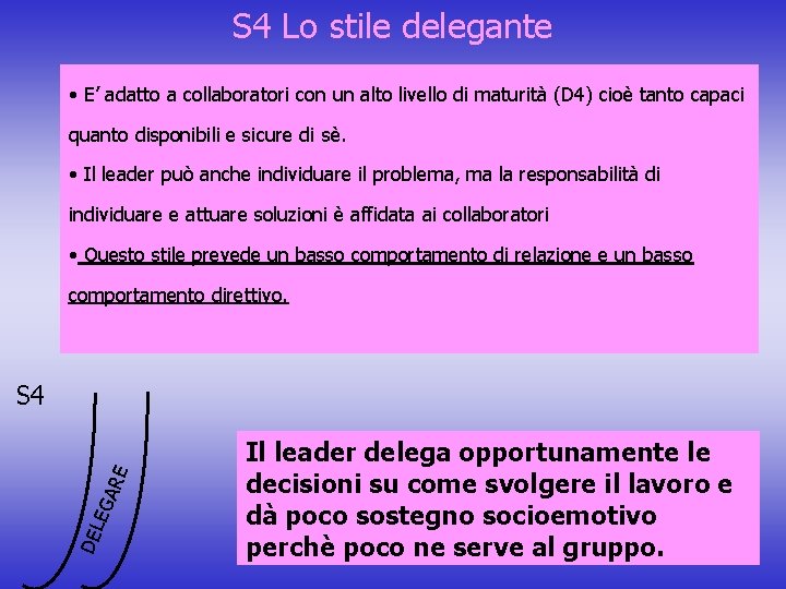 S 4 Lo stile delegante • E’ adatto a collaboratori con un alto livello