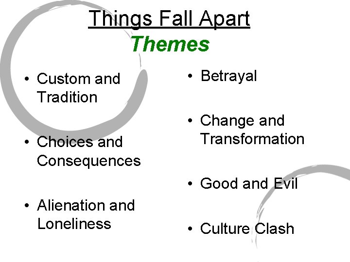 Things Fall Apart Themes • Custom and Tradition • Choices and Consequences • Betrayal