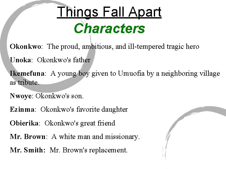Things Fall Apart Characters Okonkwo: The proud, ambitious, and ill-tempered tragic hero Unoka: Okonkwo's