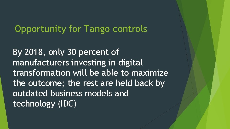 Opportunity for Tango controls By 2018, only 30 percent of manufacturers investing in digital