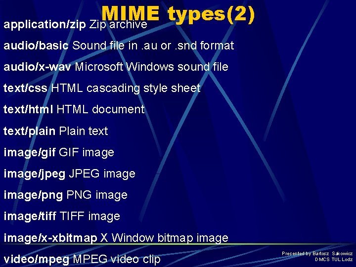 MIME types(2) application/zip Zip archive audio/basic Sound file in. au or. snd format audio/x-wav