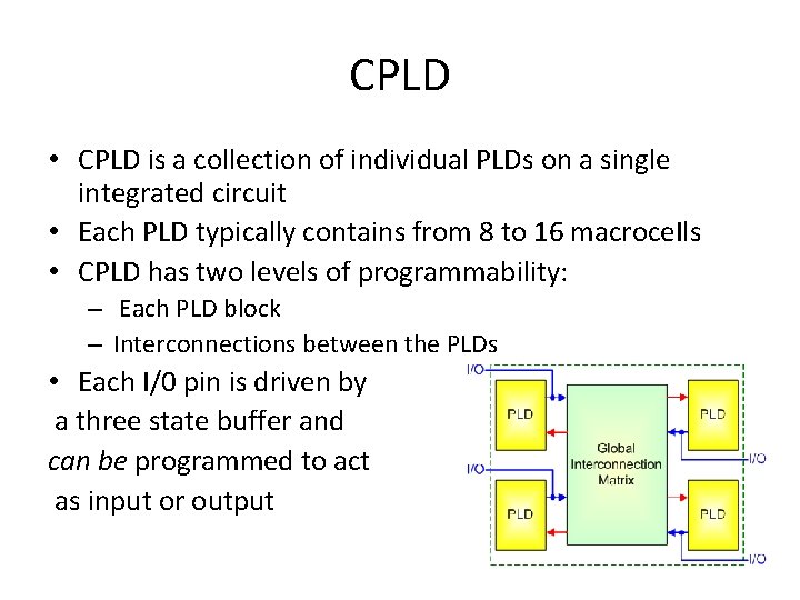 CPLD • CPLD is a collection of individual PLDs on a single integrated circuit