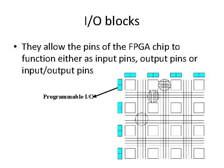 I/O blocks • They allow the pins of the FPGA chip to function either I/O blocks • They allow the pins of the FPGA chip to function either
