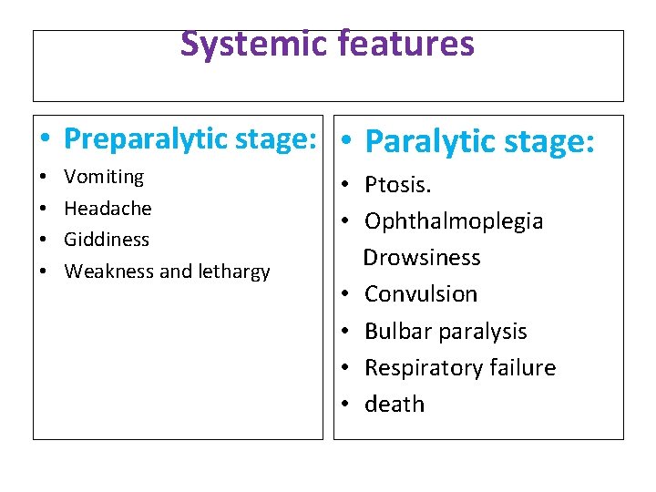 Systemic features • Preparalytic stage: • Paralytic stage: • • Vomiting Headache Giddiness Weakness Systemic features • Preparalytic stage: • Paralytic stage: • • Vomiting Headache Giddiness Weakness